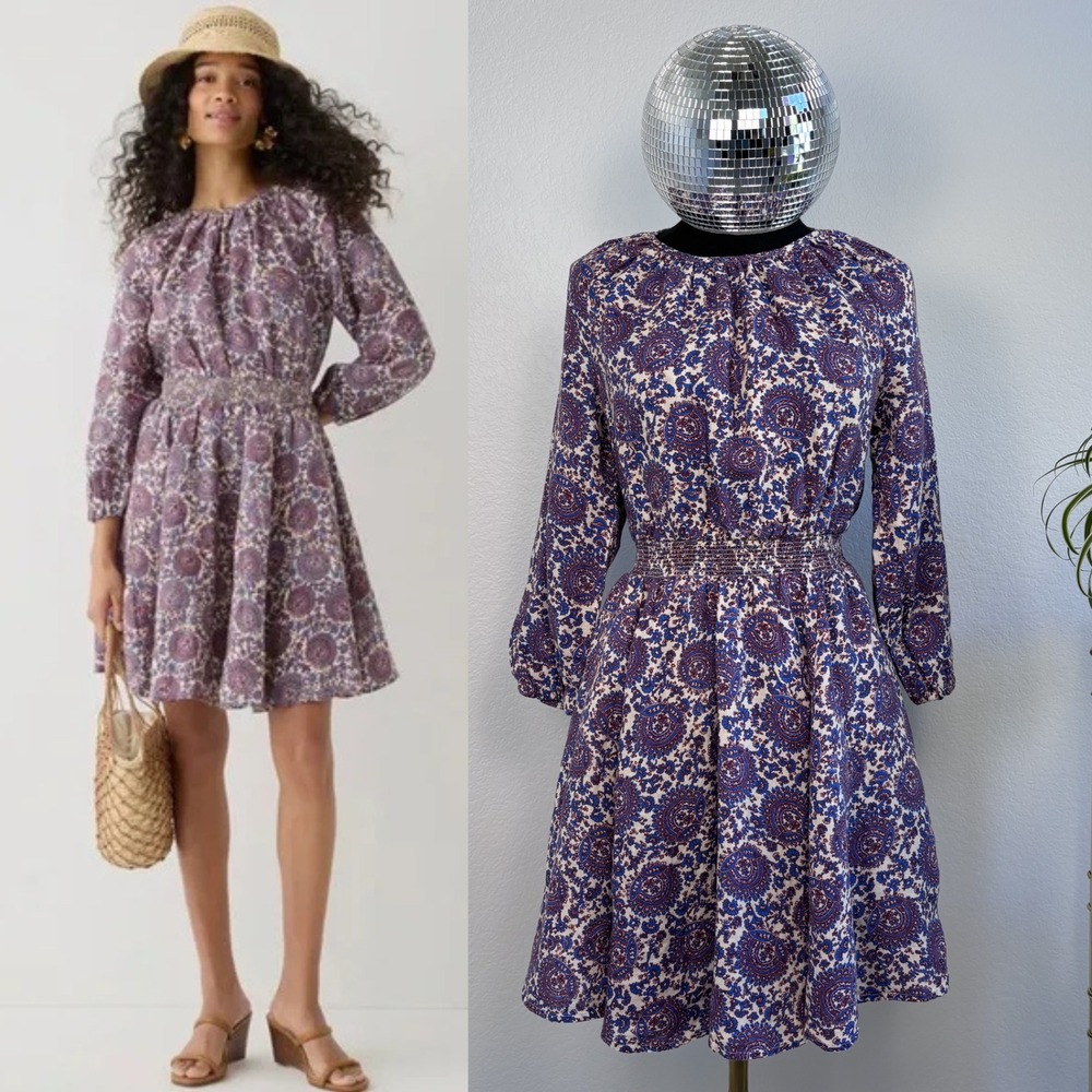J.Crew Palermo Smocked Waist Mini Dress Floral Paisley‎ 100% Linen, Size XS Boho